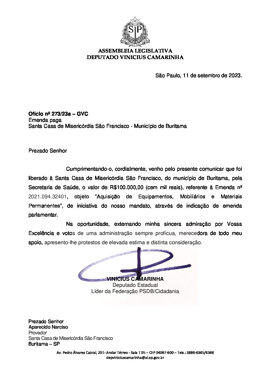 Vereador Anízio indica Emenda para a Santa Casa de Buritama